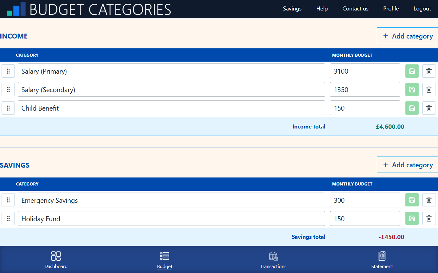 Categories screen of Spenditures