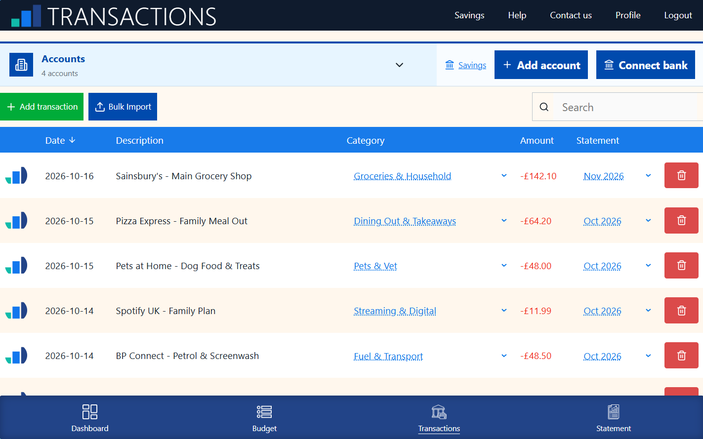 Transactions screen of Spenditures